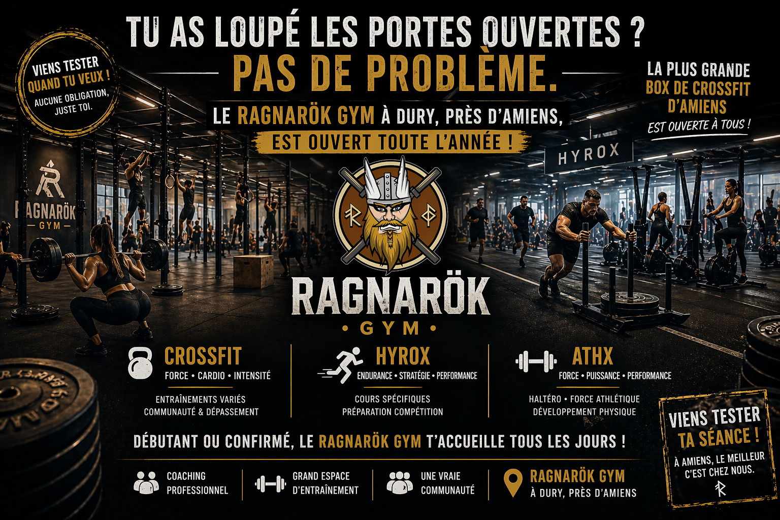 Ragnarök gym crossfit force amiens haltérophilie salle de sport coaching coach Rogue Hyrox Course games eps apprentissage santé noël fêtes valhalla games competition open2026 ATHX performance endurance force metcon débutant reprise perte de poids