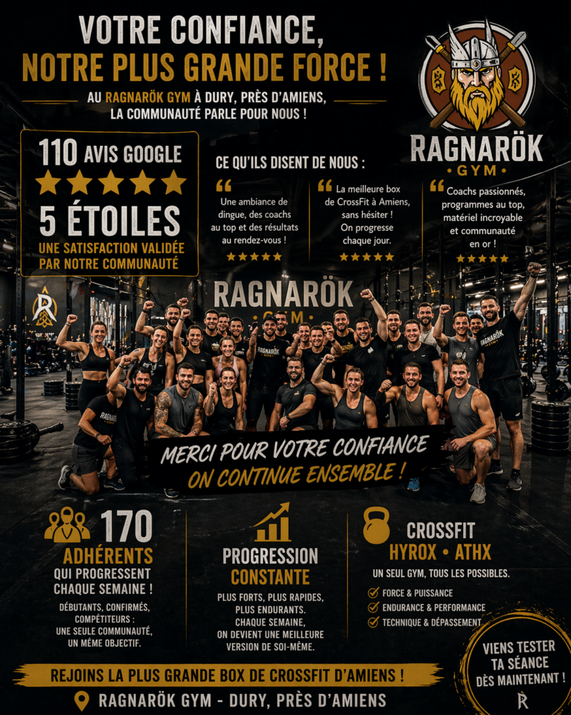 Ragnarök gym crossfit force amiens haltérophilie salle de sport coaching coach Rogue Hyrox Course games eps apprentissage santé noël fêtes valhalla games competition open2026 ATHX performance endurance force metcon débutant reprise perte de poids